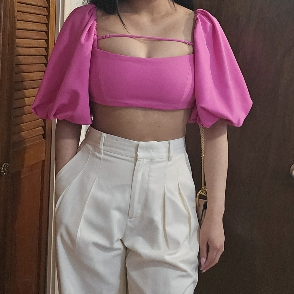 ZARA CROP TOP WITH PUFF DETAIL HOT BRIGHT PINK CERISE FUCHSIA size M